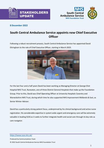 Stakeholder update South Central Ambulance Service appoints new Chief Executive Officer