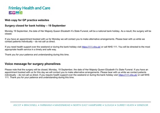 Website copy for GP practice websites (all practices)