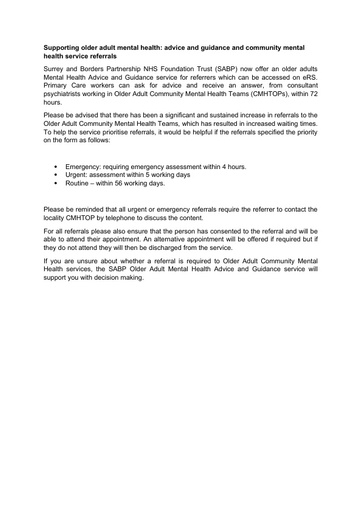 Older Adult Community Mental Health Service Advice and Guidance and Referrals FINAL
