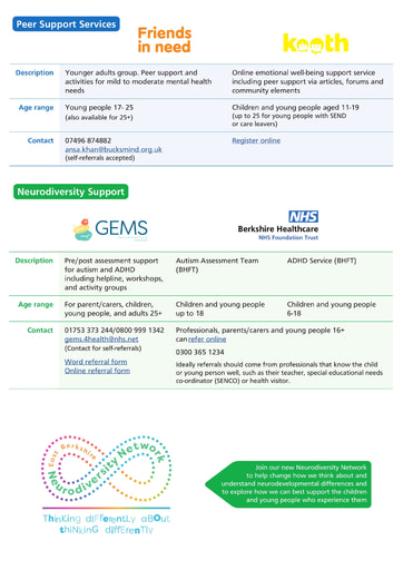 Peer support services and neurodiversity support East Berkshire