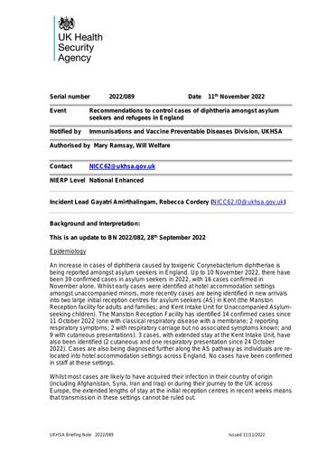 Recommendations to controlUKHSA Briefing Note 2022 089 cases of diphtheria amongst asylum seekers and refugees in england 11 11 2022
