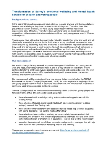 Transformation of Surrey’s emotional wellbeing and mental health service for children and young people