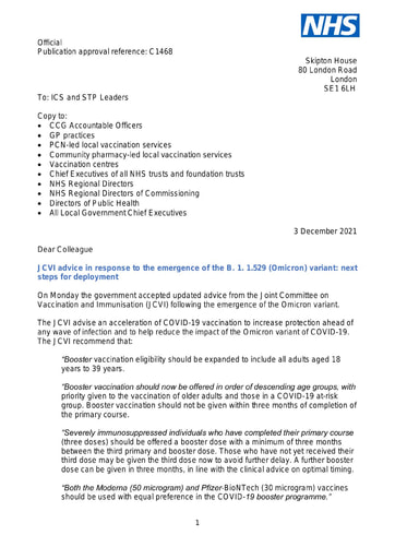 C1468 jvci advice in response to the emergence of the b 1 1 529 omicron variant next steps for deployment
