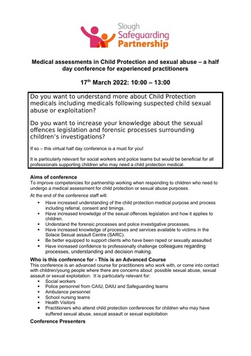 Final Invitation to conference re medical assessments in Safeguarding children including sexual exploitation