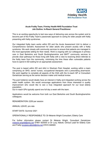 In Reach GP JD   Wexham Frailty Team