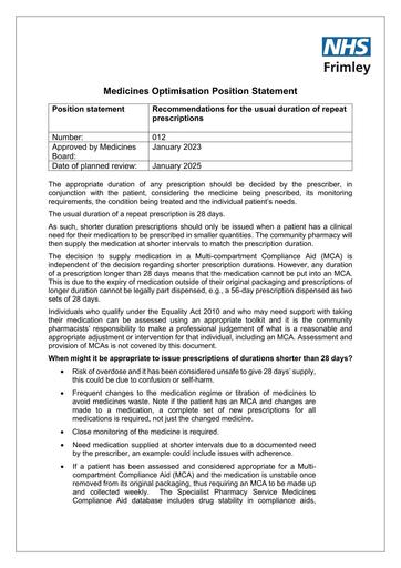 012 MOG Position Statement- Recommendations for the usual duration of repeat prescriptions