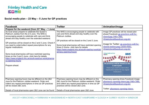 Social media plan – 23 May – 5 June for GP practices