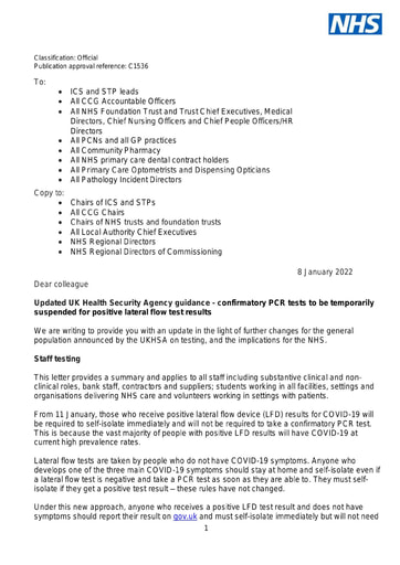 Updated UK Health Security Agency guidance confirmatory PCR testing