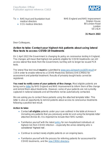 C1613 Action to take Contact your highest risk patients about using lateral flow tests to access COVID 19 treatments 310322