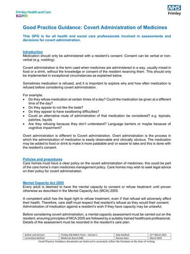 Covert administration of medicines - good practice guidance