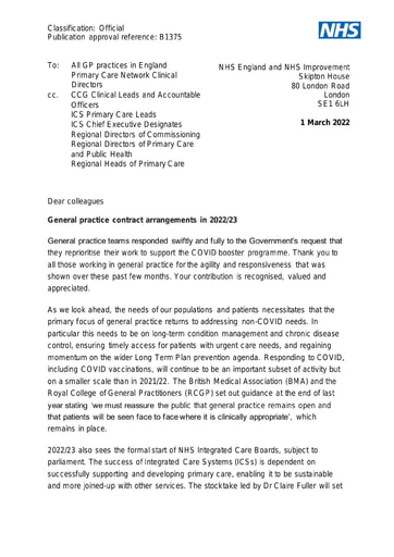 B1375 Letter re General practice contract arrangements in 2022 23 010322
