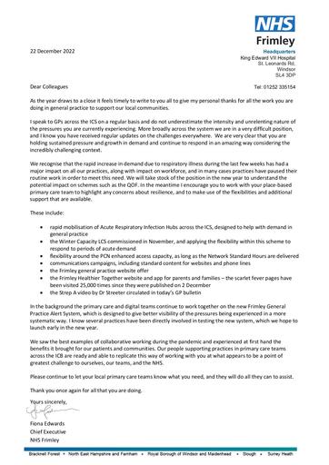Letter to Primary Care colleagues from NHS Frimley Chief Executive Fiona Edwards