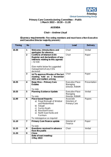 Primary Care Commissioning Committee meeting in public 1 March 2022