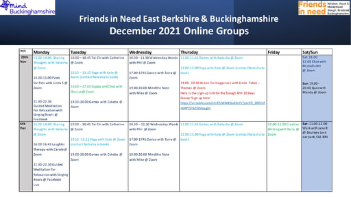Friends In Need Christmas timetable December 2021 (online)