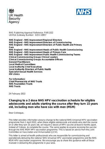B1322 Changing to a 2 dose NHS HPV vaccination schedule for eligible adolescents and adults starting the course after they turn 15 years old 240222