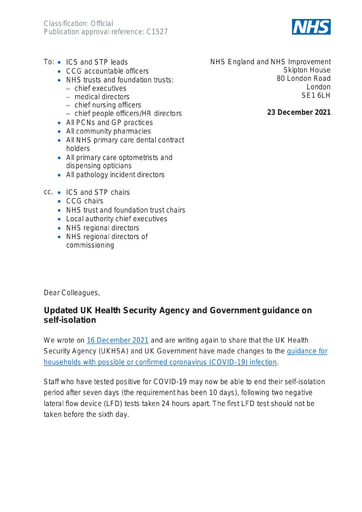 C1527 Updated UK Health Security Agency and Government guidance on self isolation letter 231221