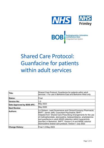 Guanfacine for patients within adult services- shared care (BHFT)