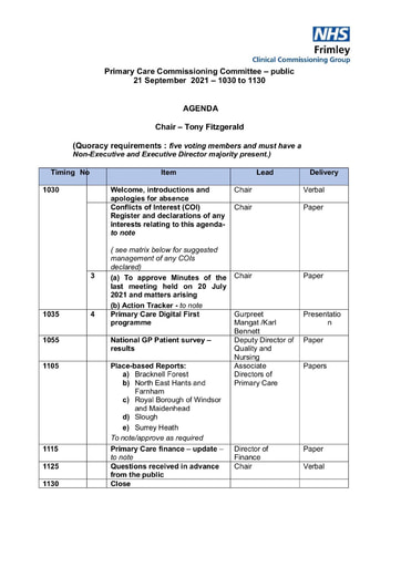 Primary Care Commissioning Committee meeting pack September 21, 2021