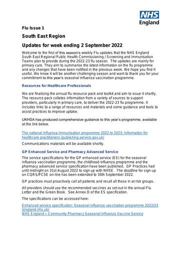 NHSE South East Flu Update Issue 1