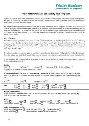 02 FRIMLEY ACADEMY EQUALITY AND DIVERSITY MONITORING FORM