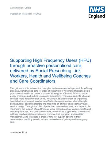 BW2066 Supporting High Frequency Users (HFU) through proactive personalised care, delivered by Social Prescribing Link Workers, Health and Wellb