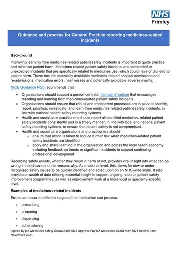 Guidance for reporting medicine related incidents