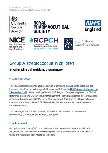PRN00058 Group A streptococcus in children Interim clinical guidance summary December 2022