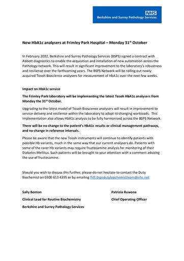 2022 10 24 New HbA1c analysers to service users FPH
