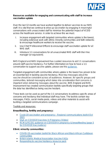 C1472 Vaccination as a Condition of Deployment (VCOD) Resources to support staff vaccine uptake December 2021