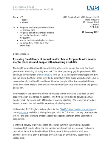 B1268 Letter re delivery of annual health checks for people with severe mental illnesses andor learning disability January 22