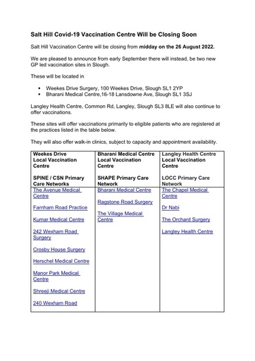 Salt Hill Vaccination Centre Closure