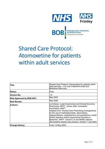 Atomoxetine for patients within adult services- shared care (BHFT)