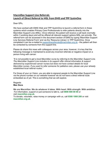 Macmillan Support Line Referrals