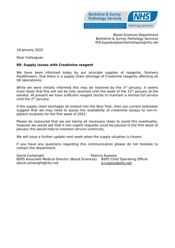 Creatinine reagent supply issues (1) to be distributed 30 12 21