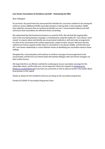Care Homes Vaccinations for Residents and Staff – Maintaining the Offer