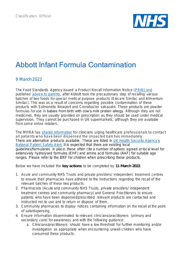 Abbott Infant Formula Contamination note