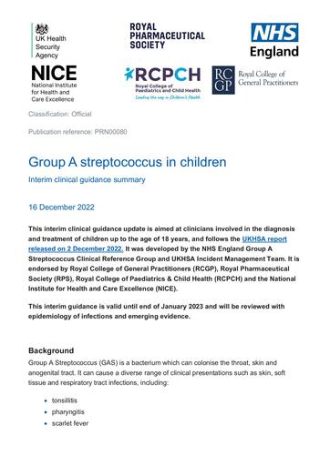 PRN00080 Interim Clinical Guidance Summary Group A Streptococcus December 2022