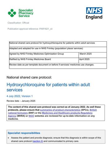 Hydroxychloroquine in adult patients -shared care