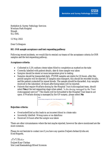 INR Sample Acceptance Criteria