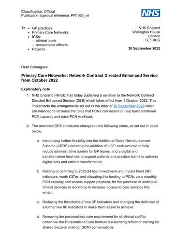 B1963 vii Updated Primary Care Network Contract Directed Enhanced Service cover note