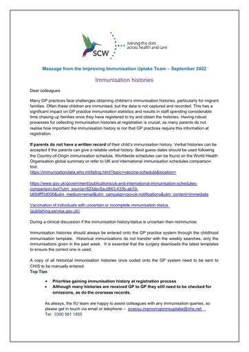 IIUT GP bulletin Immunisation histories September 2022