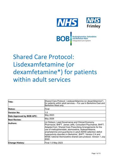 Lisdexamfetamine or dexamfetamine for patients within adult services- shared care BHFT