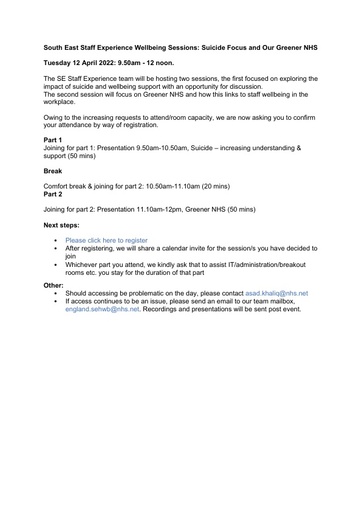South East Staff Experience Wellbeing Sessions