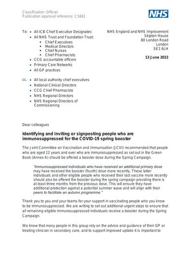 C1661 Identifying and inviting or signposting people who are immunosuppressed for the COVID 19 spring booster 130622