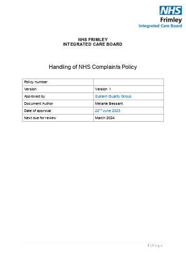 Frimley ICB Complaint Handling Policy Updated 13 06 2023