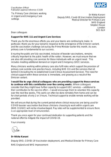 C1526 Support for NHS 111 and Urgent Care Services December 2021