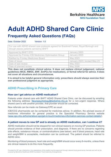 Adult ADHD shared care clinic FAQ for GPs (BHFT)
