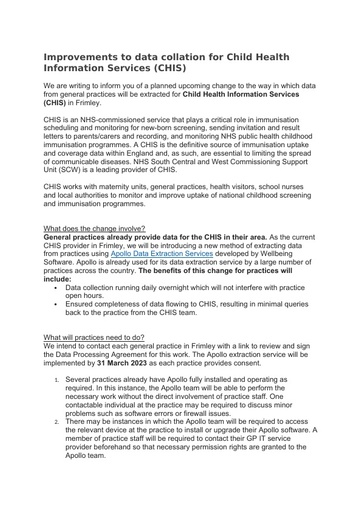 Improvements to data collation for Child Health Information Services (CHIS)