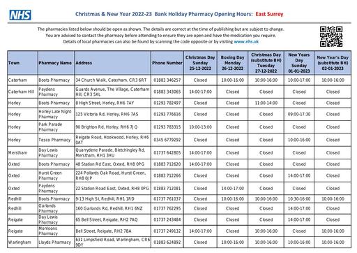 Surrey Christmas & NY 22 23 Pharmacy Opening Times V1
