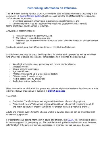 Prescribing information on influenza